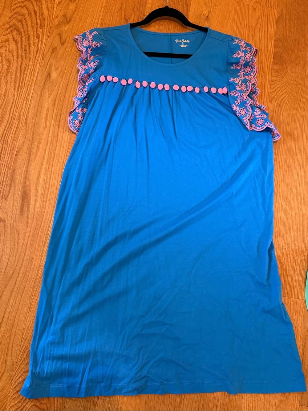 Lilly Pulitzer Blue Flutter Sleeve Pom-Pom Tunic with Pink Trim